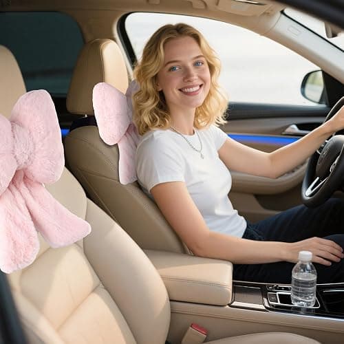 iHUFeather 2 Pack Bow Car Headrest Pillows Plush Neck Pillows for Travel Driving Office Chair Head Support Cushions, Also Cute Car Decor Accessories for Women (Pink) thumbnail 7