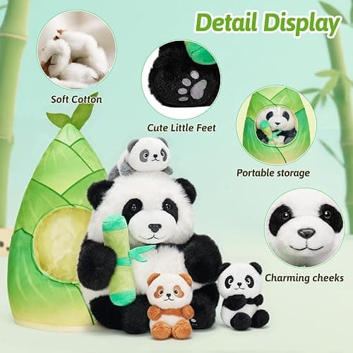 OUOZZZ Panda Stuffed Animals with 3 Babies Inside Panda Bear Plush Toys with 19" Bamboo Shoot Bag - Christmas Plush Gifts for Kids Present Toys Girls Boys Toddler thumbnail 3