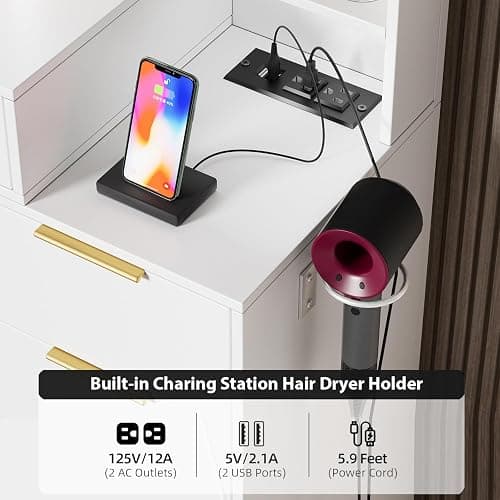 FURNJOYLIFE Large Makeup Vanity Desk with Lighted Mirror & Power Outlet,Dresser Table with 3 Lighting Modes Brightness Adjustable,Drawers,Shelves,Hair Dryer Stand for Bedroom,White (No Stool) thumbnail 7