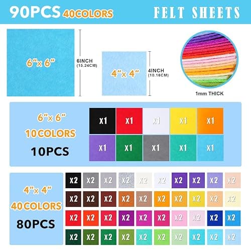 Loyisal 90PCS Felt Fabric Sheets Craft Kit - 4"x 4" + 6"x 6" Assorted Colors - 1mm Thick Square Nonwoven Felt Fabric for Crafts DIY thumbnail 2