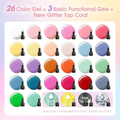 ROSALIND 30pcs Gel Polish Set, 26 Colors Pastel Pink Gel Nail Polish | with 4Pcs Base Gel Top Coat, Red Pink Orange Blue Four Seasons Colors, Soak Off UV Gels Nail, Gift for Women thumbnail 2