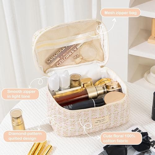 UUYUUY Makeup Bag for Women 3PCS Quilted Cotton Make Up Bag Travel Cosmetic Bag Large Makeup Bag Set Cute Makeups Organizer Floral Toiletry Pouch for Purse, Pink Floral C thumbnail 5