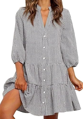 Women's Summer Casual Loose-Fit Button Down 3/4 Sleeve V Neck Cotton and Linen Plaid Loose Flowy Shirt Dress - Image 1