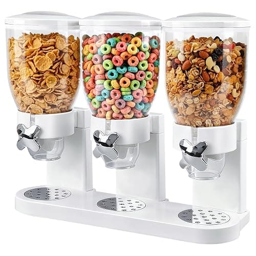 Adorabby Triple Cereal Dispenser Countertop 2L, Airtight Cereal Containers Storage, Large Capacity Total 6L for Kitchen Pantry, Rotating Dry Food Dispenser for Candy, Nut, Coffee Beans, White - Image 1