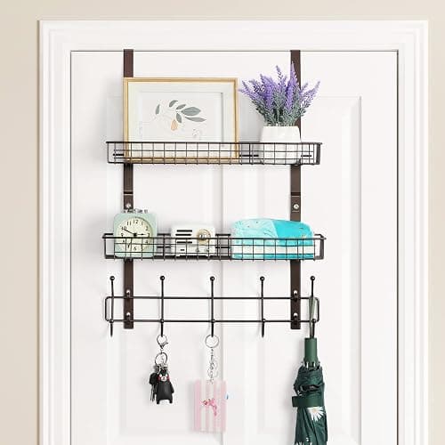 OYEAL Türgarderobe mit 5 Haken, 2 Körben, Stahl, stabil, langlebig, Garderobenleiste, Handtuchhaken, Hänge-Organizer, Regale für Zuhause, Schlafzimmer, Badezimmer, Küche, Braun thumbnail 9