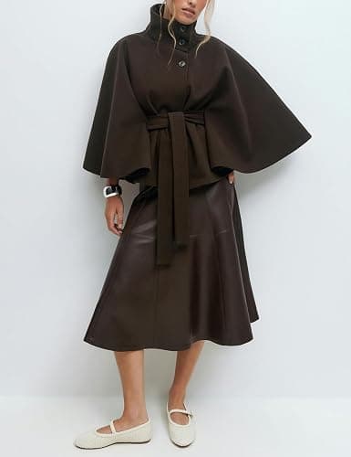 Hooever Women Batwing Sleeve Ponchos Pea Coat Wool Bland Stand Collar Jacket Winter Cropped Overcoat thumbnail 3