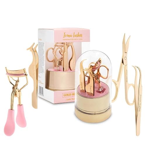 Icona Lashes 4-in-1 False Eyelash Tool Kit - DIY Lash Extension Kit with Tweezer, Curler, Scissors, Applicator - 24K Gold Plated Stainless Steel Accessories in Clear Dome Organizer, Beautiful Gift Box - Image 1