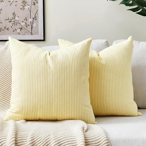 Yellow Striped Summer Outdoor Throw Pillow Covers 18x18 Set of 2, 18 x 18 Yellow and White Outdoor Throw Pillows, Modern Farmhouse Boho Decor Pillow Covers for Porch Patio (No Pillow Inserts) - Image 1