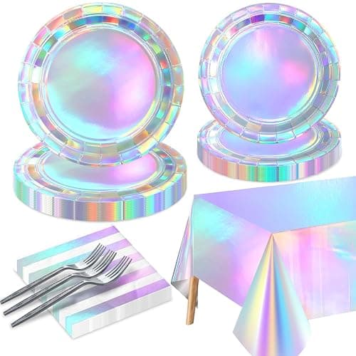 Iridescent Party Supplies for 20 Guests, Disposable Iridescent Tableware Set Includes Holographic Paper Plates, Napkins, Forks, Tablecloth for Birthday Mermaid Themed Party Decorations Wedding - Image 1