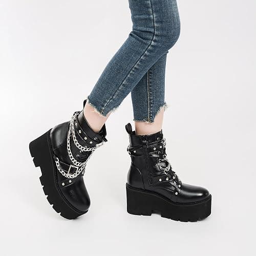 QPAO Women's Fashion Goth Boots,Black Chunky Platform Combat Ankle Booties Zipper Punk Boots Mid Calf Boots for Women thumbnail 7