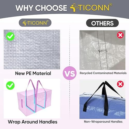 TICONN 6 Pack Extra Large Moving Bags Heavy Duty with Zippers & Carrying Handles, Durable Storage Bags Moving Boxes for Closet Organizers and Storage (6 Pack, Pink) thumbnail 5