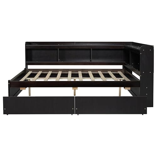 SEHAONOHOME Full Size Wood Daybed with Two Drawers and Storage Bookcases, Multifunctional Sofa Bed with Power Outlets and USB Charging Ports, Espresso - Espresso With Drawer - Full thumbnail 6