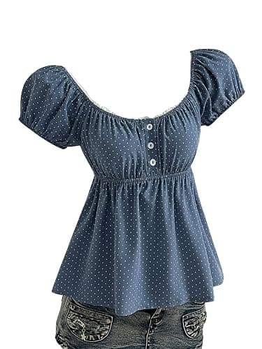 Verdusa Women's Cute Babydoll Tops Polka Dots Flowy Going Out Outfits | Peplum Tops For Teen Girls, Summer Flowy Tops, Gingham Tops, Bubble Sleeve, Y2K Outfits - Image 1