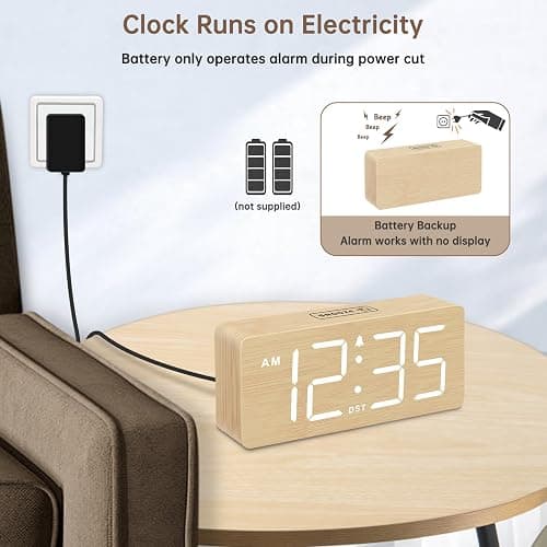 DreamSky Wooden Digital Alarm Clock for Bedroom - Desk Clocks for Living Room with Large Numbers, Dimmer, Loud Alarm for Heavy Sleepers with Volume Control, DST, Office Wood Decor (Plug in Clock) thumbnail 3
