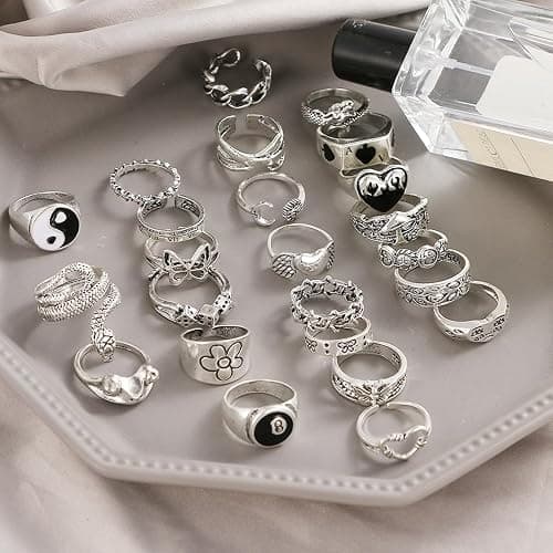 Hifot 29 Stück Y2K Ringe Set für Damen und Männer - Gothic Emo Silber, Punk Grunge Vintage - Herz, Schlange, Blume, Schmetterling, Yin Yang, Totenkopf, Frosch Accessoires Schmuck thumbnail 3