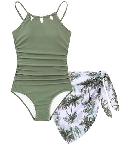 Cuddomper Girls Swimsuit One-Piece Bathing Suit with Mesh Cover Ups Adjustable Straps Cut Out Swimwear Size 7-16 - Image 1