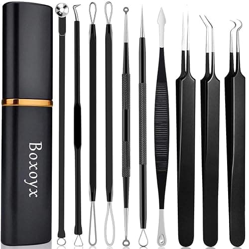 Pimple Popper Tool Kit - Boxoyx 10 Pcs Blackhead Remover Comedone Extractor Kit with Box for Quick and Easy Removal of Pimples, Blackheads, Zit Removing, Forehead,Facial and Nose (Black) - Image 1