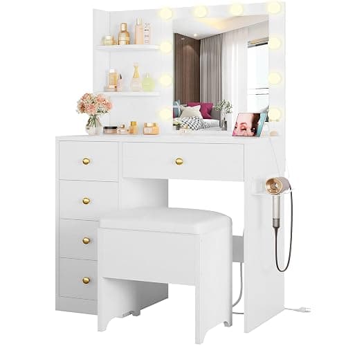 IRONCK Vanity Desk with Mirror and Lights, Small Makeup Vanity Table with 5 Drawers, Power Outlet, and Vanity Stool, 3 Lighting Colors, Dressing Table for Women Girls Bedroom, White - Image 1