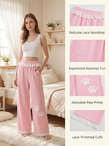Women Kawaii Cat Paw Wide Leg Sweatpants Lace Trim Coquette Y2K Loungewear thumbnail 5