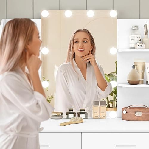 FIONESO Vanity Desk with Mirror & Lights, Makeup Vanity Table with 2 Large Drawers, 6 Storage Shelves & Stool, Bedroom Dressing Vanity Table with 3 Color Light Adjustable, White thumbnail 8