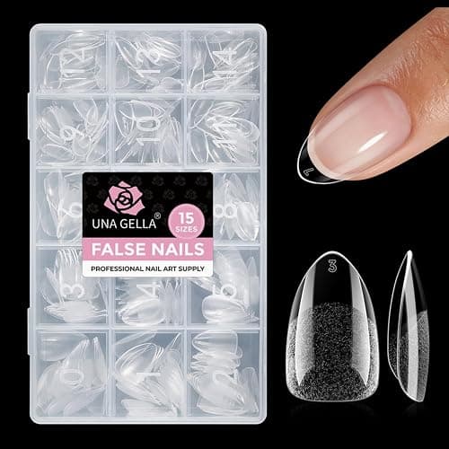 UNA GELLA Short Almond Gel Nail Tips 15 Sizes 300PCS Pre-Etched Soft Gel Clear Nail Tips Easy DIY Salon Short Almond Press On Nails Snug Fit Acrylic Fake Tips Extensions Long-Lasting Hold - Image 1