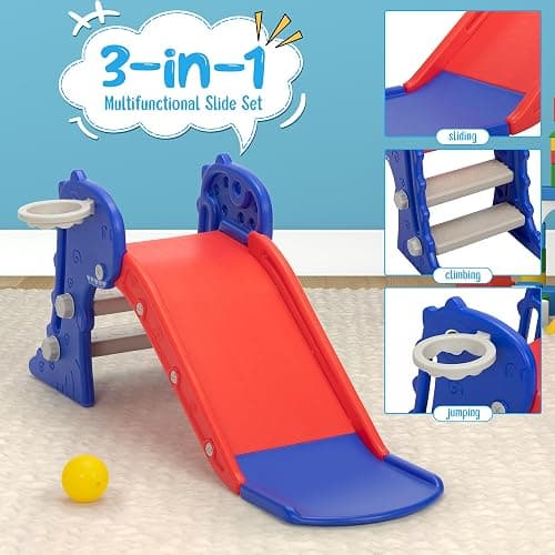 Nyeekoy 3 in 1 Toddler Slide, Kids Slide Climber Playset with Basketball Hoop, Indoor and Outdoor Playground for Kids, Folding Design Freestanding Baby Slide, Easy Assembly - Blue thumbnail 4