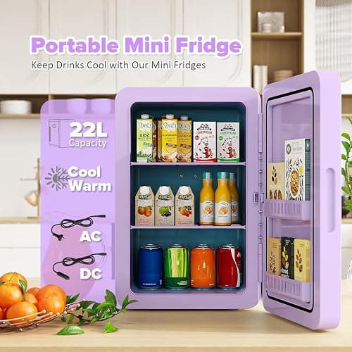 Kikihouse 22L/30Cans Mini Fridge for Bedroom, 12v DC Portable Cooler & Warmer, Mini Refrigerator with Glass Front, for Car Office Desk & Dorm Room Food Beverage Skincare Makeup thumbnail 3