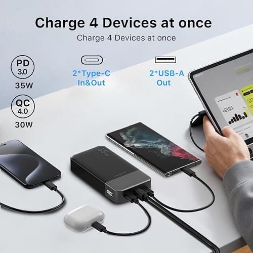 JUOVI 20000mAh Powerbank Tragbares Ladegerät, 35W Schnellladefunktion Externe Handyakkus PD 3.0 QC 4.0 mit LED Display, Akkupack mit 2 USB-C 2 USB-A-Anschlüssen für iPhone 16 15 14 Serie (Grün) thumbnail 5