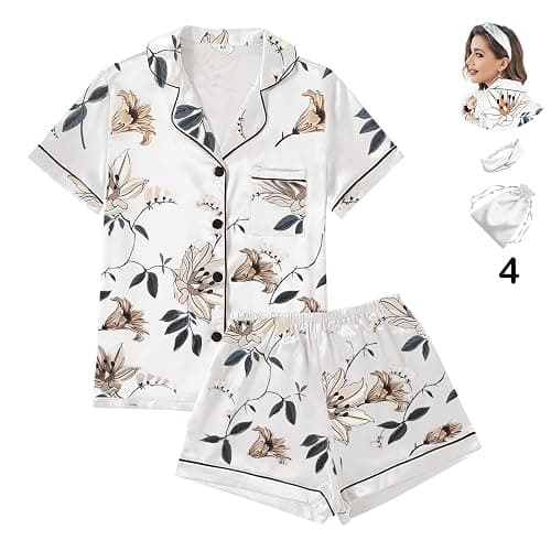 WJing Yi Jia 4Pcs Womens Satin Silky Pajama Sets Short Sleeve Shirt XS-4XL Floral Pajamas Set Soft PJ Loungewear Sleepwear thumbnail 4
