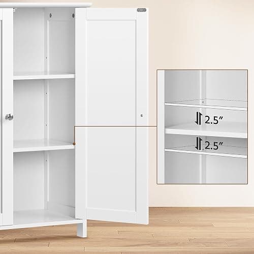 Yaheetech Bathroom Floor Cabinet, Modern Storage Freestanding Organizer Cabinet with Adjustable Shelves & Double Doors, 3-Tier Home Living Room Furniture, White thumbnail 6