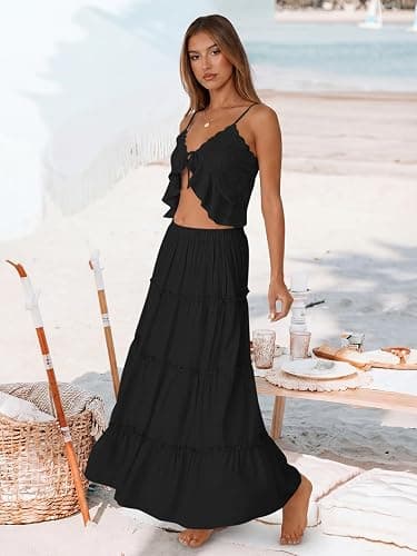 Trendy Queen Vacation Outfits Long Skirts for Women Boho Maxi Skirt Elastic High Waist Dress with Pockets Fashion thumbnail 3