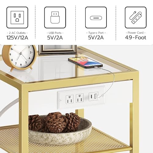 HOOBRO End Table with Charging Station, Side Table with USB Port & Power Outlets, 3-Tier Slim Nightstand with Storage Shelves, Tempered Glass, for Living Room, Bedroom, Gold GD77UBZ01 thumbnail 6