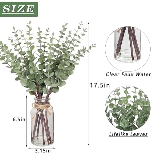 VIERENA 17.5" Artificial Eucalyptus Stems in Glass Vase with Faux Water,Fake Plant Eucalyptus Leaves White Seeds for Centerpiece Table Decorations Farmhouse Wedding Home Greenery Decor (Sage Green) thumbnail 3