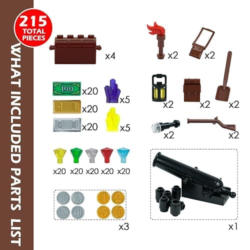 BroTex Pirates Treasure Chest Money Dollars, Silver Golden Gems Crystals Bag Torch Cannon Bricks Accessories Pack, Building Blocks Toys thumbnail 5