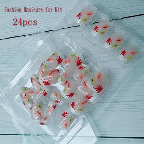 Fall Short Square French Tip Press on Nails with Leaves Design,Glossy Maple Leaf False Nails Glue on Nails,Autumn Winter Manicure Art Acrylic White Stick on Nails Fake Nail Tips for Women Thanksgiving thumbnail 6