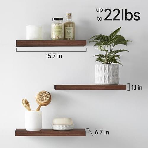 BAYKA Floating Shelves for Wall, Wall Mounted Rustic Wood Shelves for Bathroom, Bedroom, Living Room, Kitchen,Small Hanging Shelf for Books/Storage/Room Decor (Walnut-Like, Set of 3, 15.7in) thumbnail 6