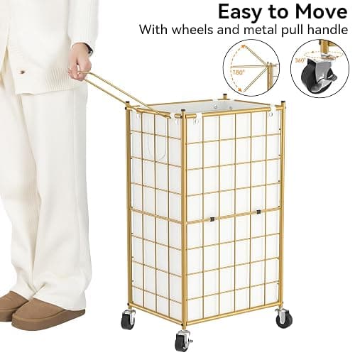 WOWLIVE Laundry Hamper with Wheels,Metal Wire Frame Rolling Laundry Basket with Removable bag,100L Dirty Clothes Hamper Organizer Dorm Room Storage for Bedroom,Bathroom,Golden thumbnail 5