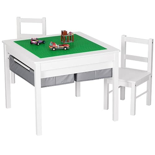 UTEX Wooden 2 in 1 Kids Construction Activity Table and 2 Chairs Set with Storage Drawers, and Built in Plate Compatible with Lego and Duplo Bricks (White with Grey Drawers) thumbnail 7