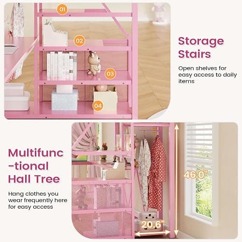 Itaar Stairway Twin Size Loft Bed with L Shaped Desk and Wardrobe, Metal Loft Bed Frame with Stairs, 3 Fabric Drawers, LED Lights & Charging Sation, No Noise & No Box Spring Needed, Pink thumbnail 7
