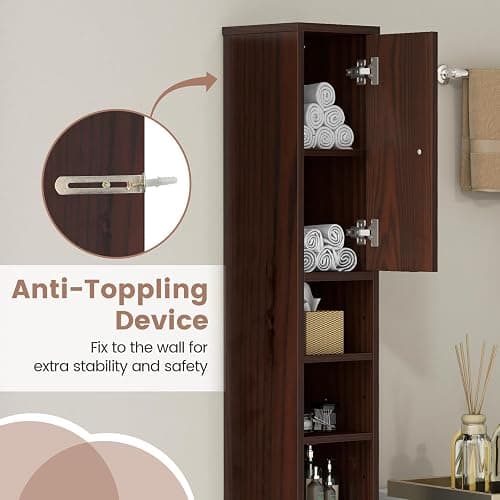 Tangkula Tall Slim Bathroom Storage Cabinet, 71" Freestanding Bathroom Cabinet w/ 2 Doors, 1 Drawer & 5 Adjustable Shelves, Floor Narrow Tower Cabinet for Small Spaces, 8" x 8" x 71" (Brown) thumbnail 7