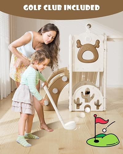 XJD 7 in 1 Toddler Slide, Kids Indoor Slide for Toddlers 12-36 Months, New Upgrade with Golf, Basketball Hoop for Indoor Outdoor Playset,Toddler Playground (White Brown) thumbnail 4