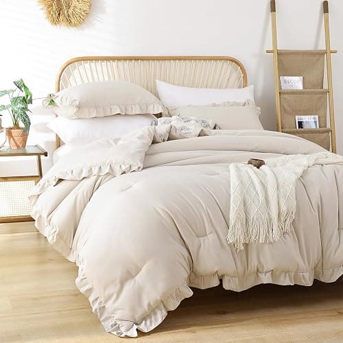YIKUSH Ruffle Comforter Set Queen Size – Beige Soft Tufted Queen Bedding Set for All Seasons, Fluffy Shabby Chic Bed Set with 2 Pillowcases thumbnail 2