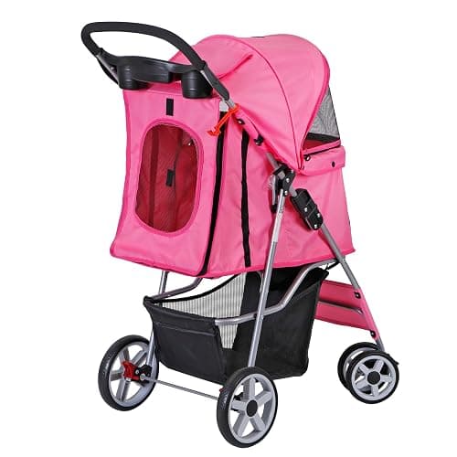 ZENY Foldable Pet Stroller, Cat/Dog Stroller with 4 Wheel, Pet Travel Carrier Strolling Cart with Storage Basket, Cup Holder (Pink) thumbnail 9
