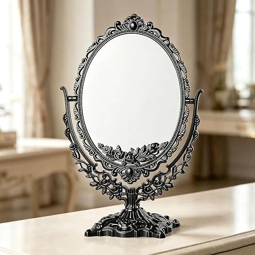SUNLOREN Vintage Black Tabletop Makeup Mirror, Ornate Antique Oval Swivel Vanity Mirror with Floral Carved Frame, Freestanding Decorative Dresser Mirror for Bedroom Bathroom Decor thumbnail 6