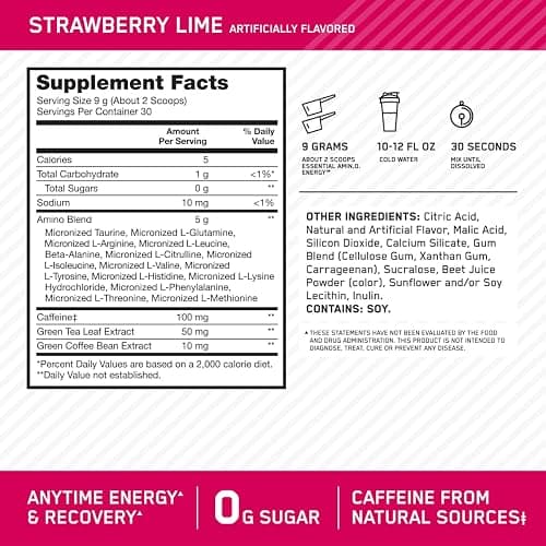 Optimum Nutrition Amino Energy - Pre Workout with Green Tea, BCAA, Amino Acids, Keto Friendly, Green Coffee Extract, Energy Powder - Strawberry Lime, 9.5 Ounce, 30 Servings (Packaging May Vary) thumbnail 2