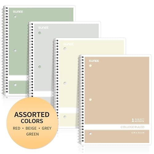 SUNEE Spiral Notebooks College Ruled, 1-Subject, 4 Pack, 8 x 10-1/2 inch, 70 Sheets per Notebook, 3-Hole Punched Paper, Green, Grey, Beige, Red for Work, Home & School, Writing Journal thumbnail 7