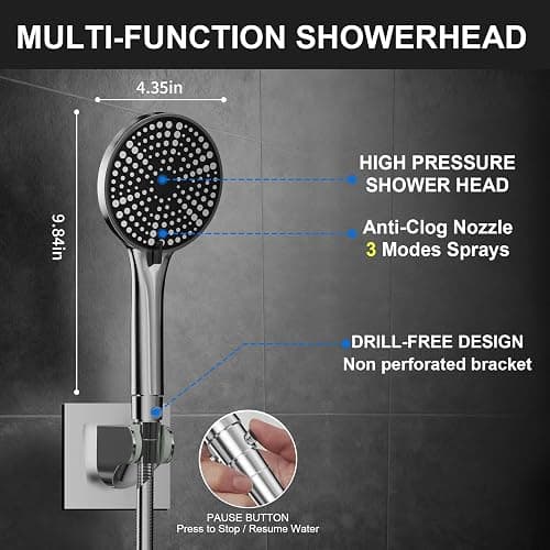High Pressure Rain Shower Head with Handheld,Wide Rainfall Shower Head Combo with 15" Metal Extension Arm,Detachable Shower head,Rainfall Shower Head with Multi Modes Handheld Spray,Chrome thumbnail 5
