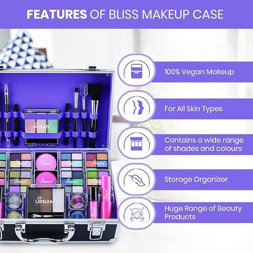 Love Urban Beauty Bliss Makeup Case Vegan Products – Complete Suitcase Eyeshadow, Blusher, Lipstick, Eyebrow Wax & Powder, Brushes Aluminum-Framed Organizer, Black, 1.0 count thumbnail 2