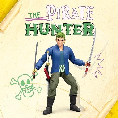 One Piece Zoro 6" (15.24cm) Action Figure with 5 Accessories. Includes Swappable Swords, Sword Holder, Swappable Face, and Berry Coin Display Base thumbnail 2