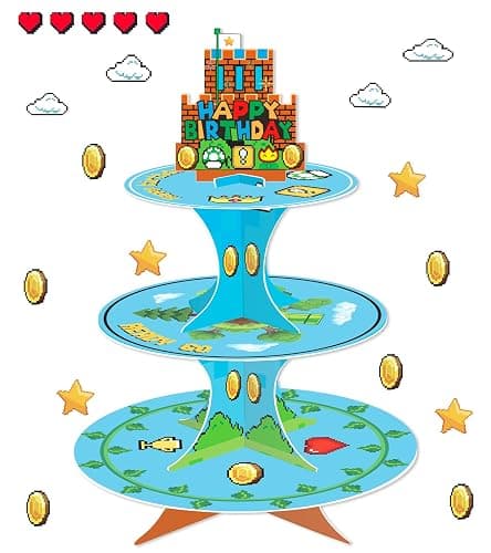 Super Brothers Party Cupcake Stand with Stars & Goldcoin Cupcake Toppers 24pcs, Video Game Birthday Party Supplies for Kids Boy Birthday Cupcake Decoration Super Game Bros 3 Tier Cupcake Stand - Image 1